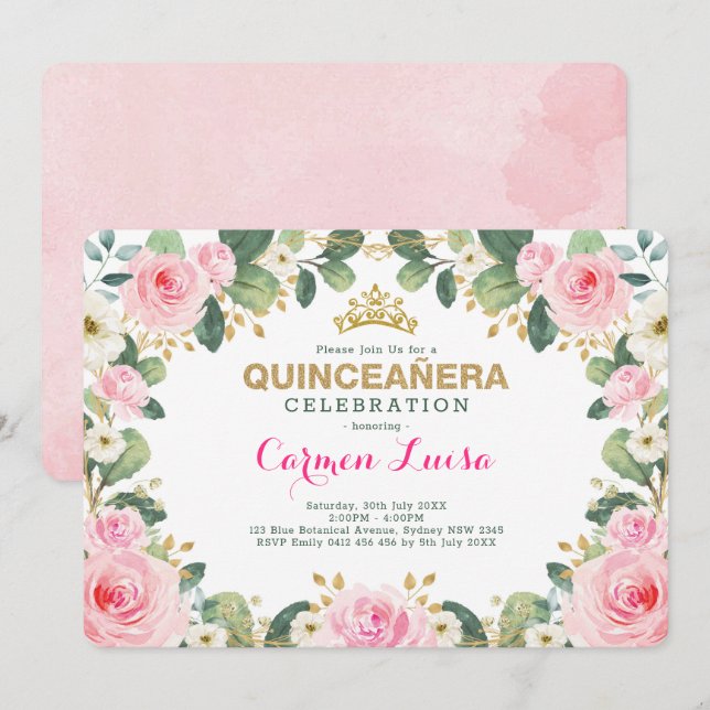 Elegantes rosa Goldblumengrün Quinceanera Einladung (Vorne/Hinten)