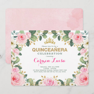 Elegantes rosa Goldblumengrün Quinceanera Einladung