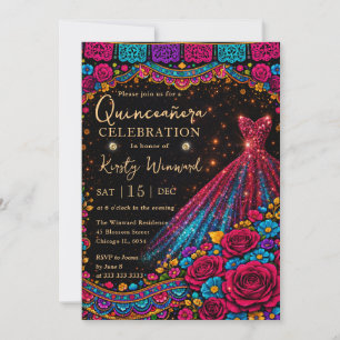 Elegantes rosa goldenes Glitter-Kleid Quinceanera Einladung