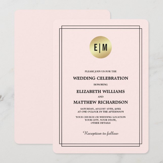 Elegantes Rosa | Goldhochzeit Einladung (Vorne/Hinten)
