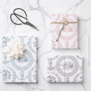 Elegantes Rosa, Grau & Blau auf weißer, graviert Geschenkpapier Set