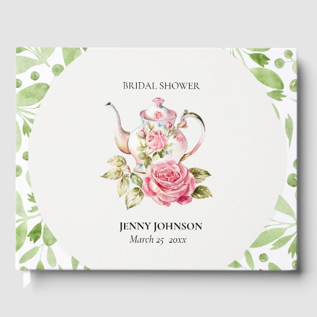 Elegantes Rosa Grüne Blume Brautparty Gästebuch (Vorderseite)
