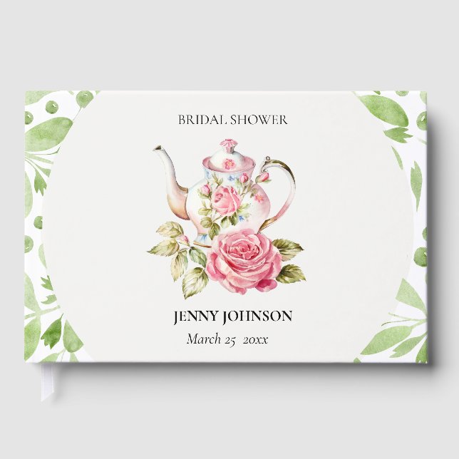 Elegantes Rosa Grüne Blume Brautparty Gästebuch (Vorderseite)