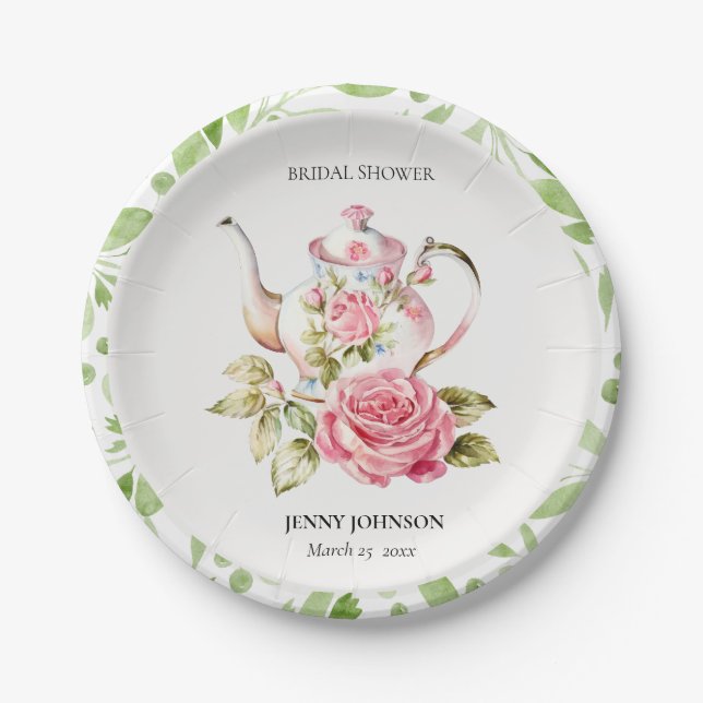 Elegantes Rosa Grüne Blume Brautparty Pappteller (Vorderseite)