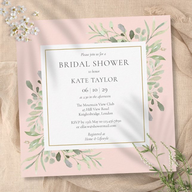 Elegantes Rosa Grünes Brautparty Einladung (Elegant Blush Pink Greenery Bridal Shower Invitation)
