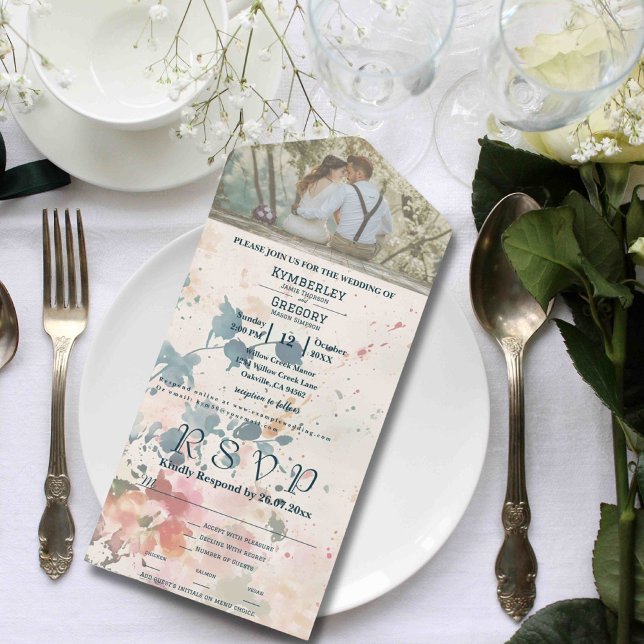 Elegantes rosa grünes Foto All In One Einladung (Von Creator hochgeladen)