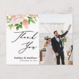 Elegantes Rosa Grünes Foto Hochzeit Vielen Dank Postkarte