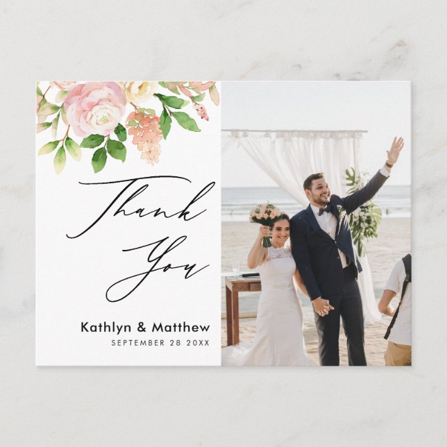 Elegantes Rosa Grünes Foto Hochzeit Vielen Dank Postkarte (Vorderseite)