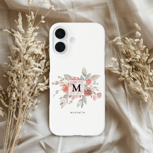 Elegantes Rosa Hauchdünnes Florales Monogramm iPhone 16 Hülle