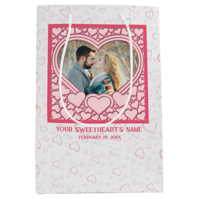 Elegantes rosa Herz Happy Valentine's Day Stilvoll Mittlere Geschenktüte (Vorderseite)