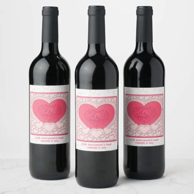 Elegantes rosa Herz Happy Valentine's Day Stilvoll Weinetikett (Flaschen)