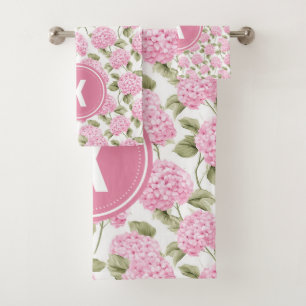 Elegantes rosa Hydragea-Blume Muster Monogramm Badhandtuch Set