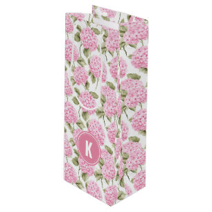 Elegantes rosa Hydragea-Blume Muster Monogramm Geschenktüte Für Weinflaschen