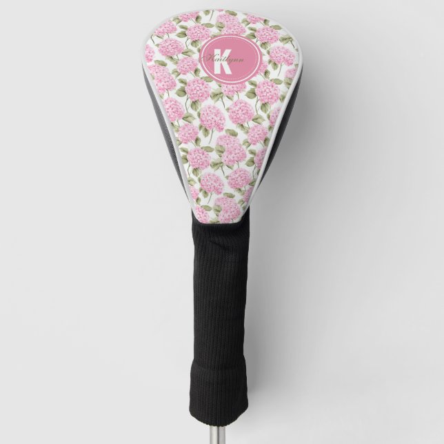Elegantes rosa Hydragea-Blume Muster Monogramm Golf Headcover (Vorderseite)