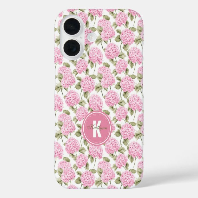 Elegantes rosa Hydragea-Blume Muster Monogramm iPhone 16 Hülle (Rückseite)