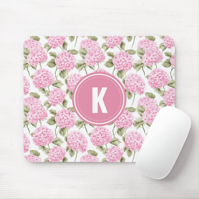 Elegantes rosa Hydragea-Blume Muster Monogramm Mousepad (Mit Mouse)