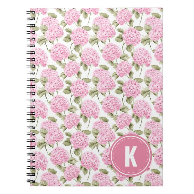 Elegantes rosa Hydragea-Blume Muster Monogramm Notizblock (Vorderseite)