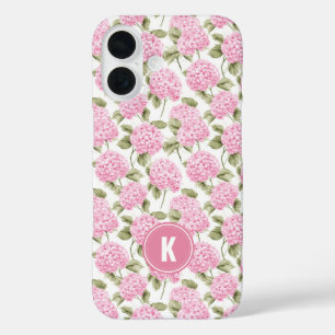Elegantes rosa Hydragea-Blumenmuster-Monogramm iPhone 16 Hülle