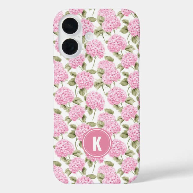 Elegantes rosa Hydragea-Blumenmuster-Monogramm iPhone 16 Hülle (Rückseite)