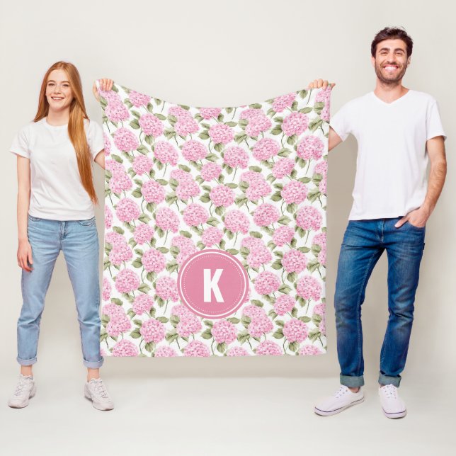Elegantes rosa Hydrangeen-Blumenmuster-Monogramm Fleecedecke (Beispiel)