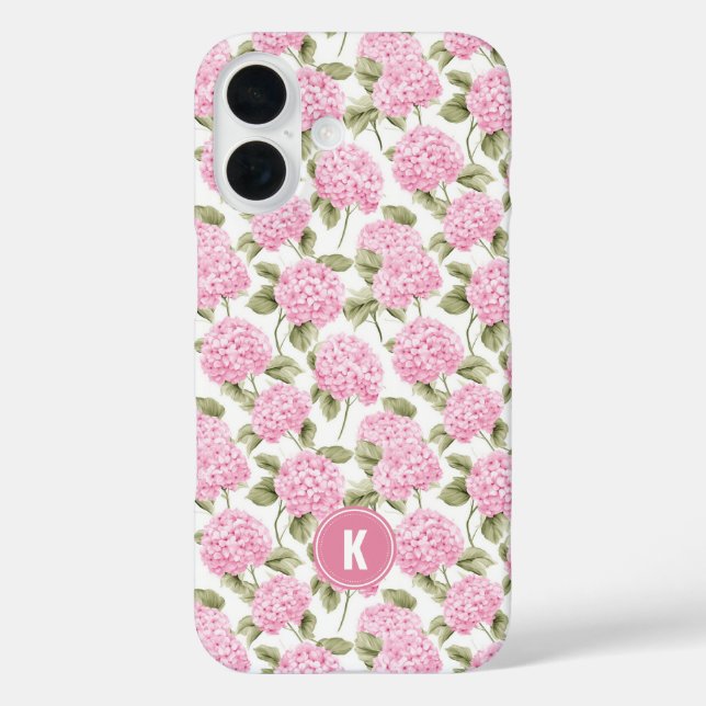 Elegantes rosa Hydrangeen-Blumenmuster-Monogramm iPhone 16 Hülle (Rückseite)