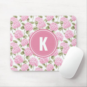 Elegantes rosa Hydrangeen-Blumenmuster-Monogramm Mousepad