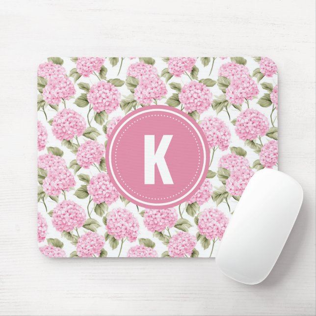 Elegantes rosa Hydrangeen-Blumenmuster-Monogramm Mousepad (Mit Mouse)