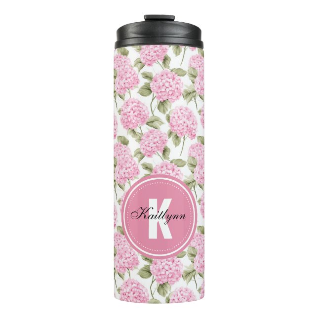 Elegantes rosa Hydrangeen-Blumenmuster-Monogramm Thermosbecher (Vorderseite)