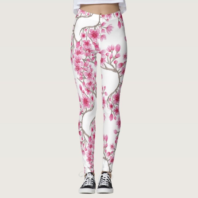 Elegantes rosa Kirschblossom Wasserfarben Leggings (Vorderseite)