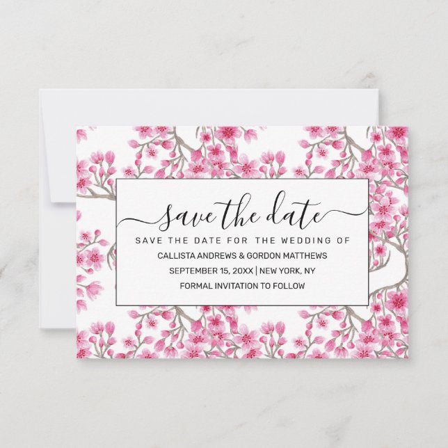 Elegantes rosa Kirschblossom Wasserfarben Save The Date (Vorderseite)