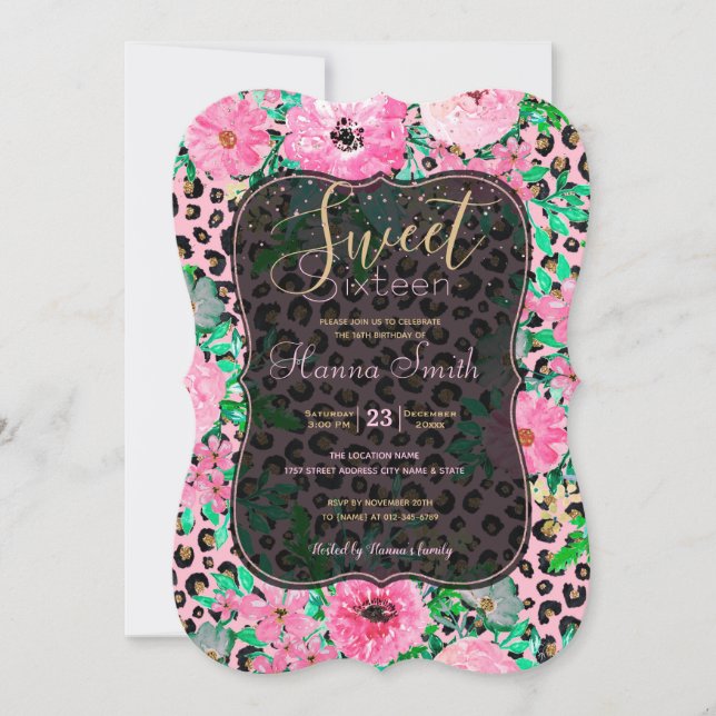 Elegantes rosa Leopard Print und Blumendesign Einladung (Vorderseite)