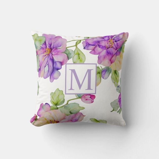 Elegantes rosa lila Aquarellblumenmonogramm Kissen (Vorderseite)
