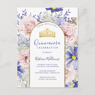 Elegantes Rosa Lila Floral Gold Tiara Quinceañera Postkarte