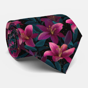 Elegantes rosa Lilien-Blumenmuster auf Schwarz Krawatte