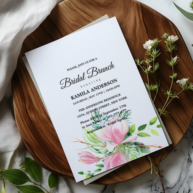 Elegantes rosa Magnolia Brautparty Einladung (Elegant Pink Magnolia Watercolor Bridal Shower Invitation)