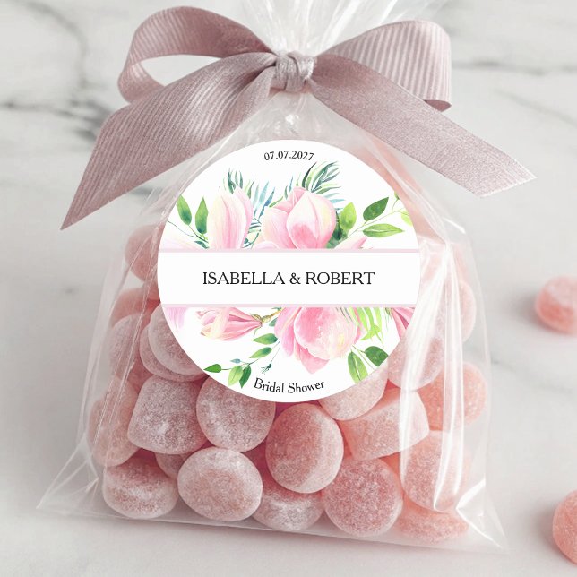 Elegantes Rosa Magnolia Brautparty Runder Aufkleber (Elegant Pink Magnolia Watercolor Bridal Shower Cla Classic Round Sticker)