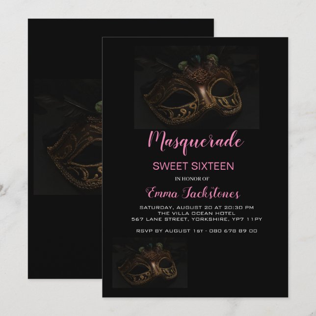 Elegantes rosa Masquerade Maske Thema 16 . Geburts Einladung (Vorne/Hinten)