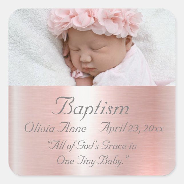 Elegantes rosa Metallisches Foto Name Baby Girl Ta Quadratischer Aufkleber (Vorderseite)