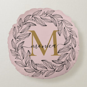 Elegantes Rosa Mit Monogramm Blüte Rundes Kissen