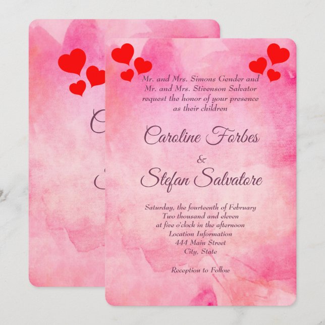 Elegantes Rosa mit rotem Herzen Valentinas Hochzei Einladung (Vorne/Hinten)