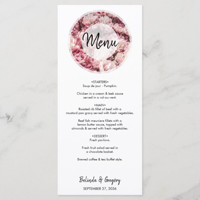 Elegantes Rosa Peonies Wedding Menu Menükarte (Vorderseite)