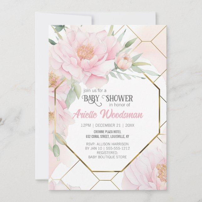 Elegantes Rosa Peony Baby Dusche Wasserfarbe Einladung (Vorderseite)