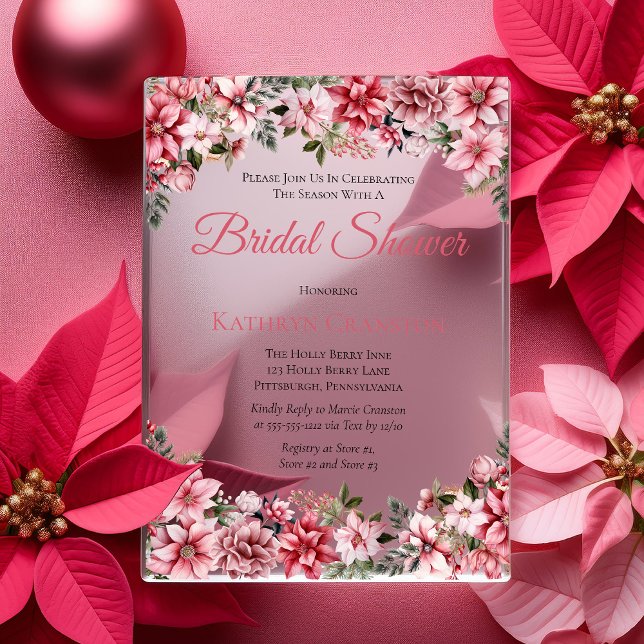 Elegantes rosa Poinsettias Brautparty Acryleinladungen (Elegant Pink Poinsettias Floral Winter Bridal Shower Acrylic Invitations)
