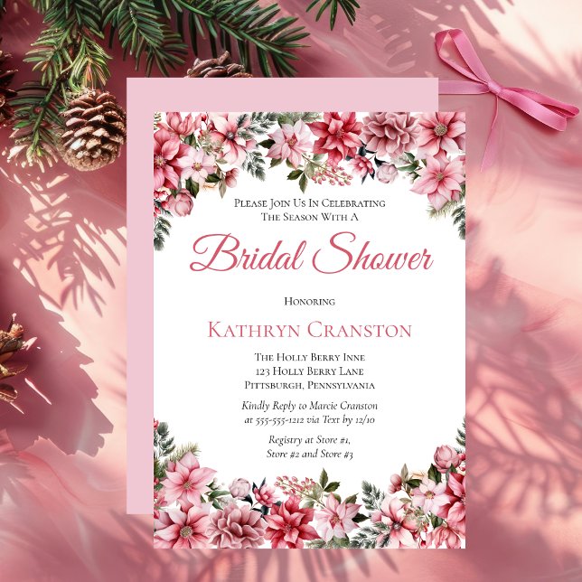 Elegantes rosa Poinsettias Brautparty Einladung (Elegant Pink Poinsettias Floral Bridal Shower Invitation)