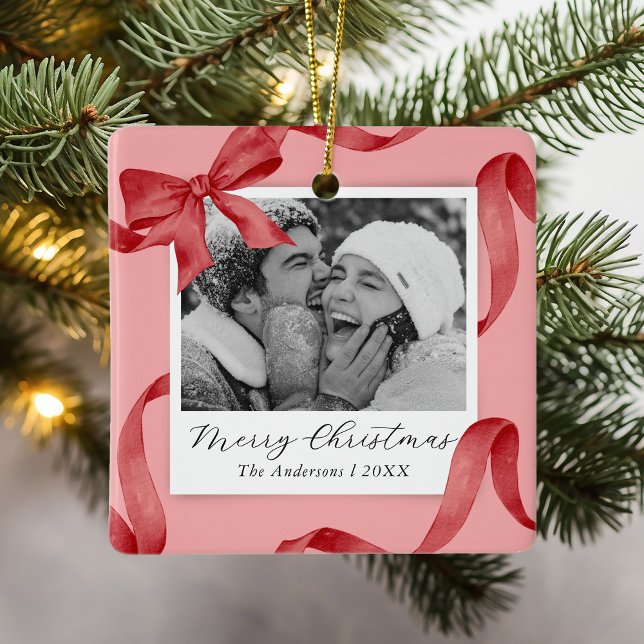 Elegantes Rosa Red Bow Foto Keramikornament (Von Creator hochgeladen)