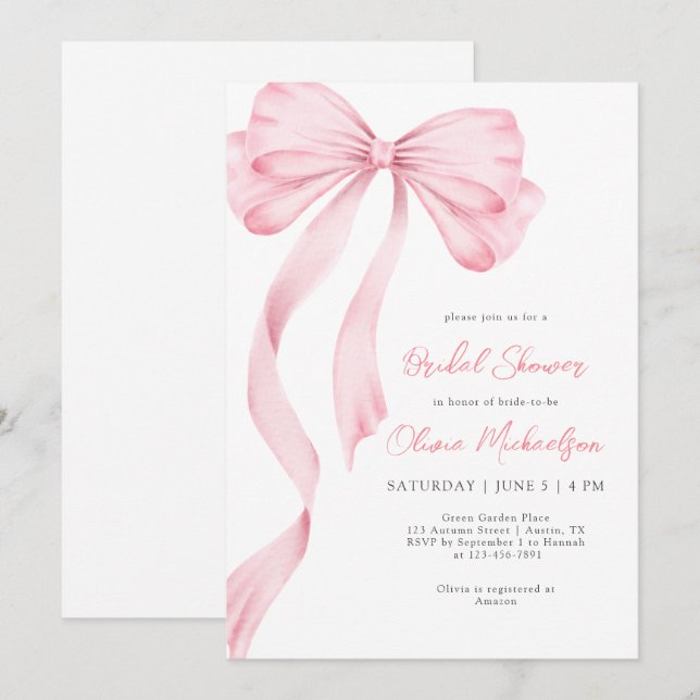 Elegantes rosa Ribbon Bow Coquette Brautparty Einladung (Vorne/Hinten)