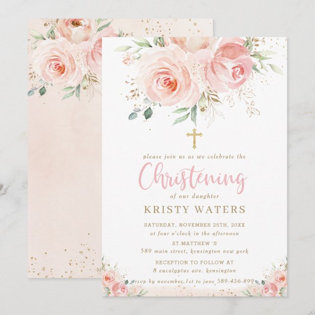 Elegantes Rosa Rosa Blumengolden Christening Einladung (Vorne/Hinten)