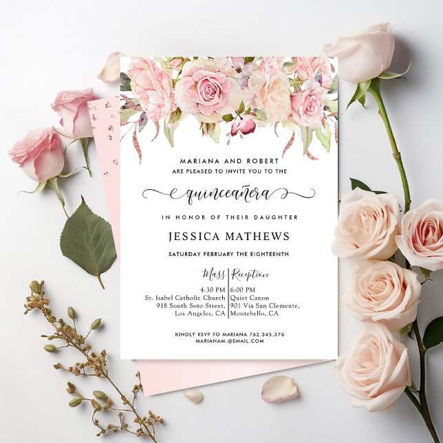 Elegantes Rosa, Rosa Rosa, Rose Gold Quinceñera Einladung (Von Creator hochgeladen)