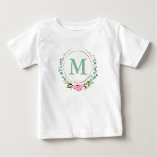 Elegantes rosa Rose-Blumenkraut-Monogramm Baby T-shirt