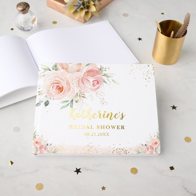 Elegantes Rosa Rose Brautparty Gold Gästebuch (Vorderseite offen)